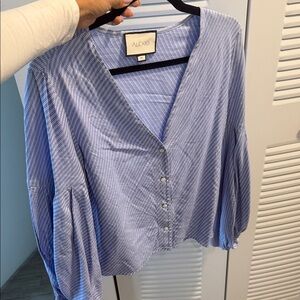 Alexis Light Blue Striped V-Neck Button Blouse